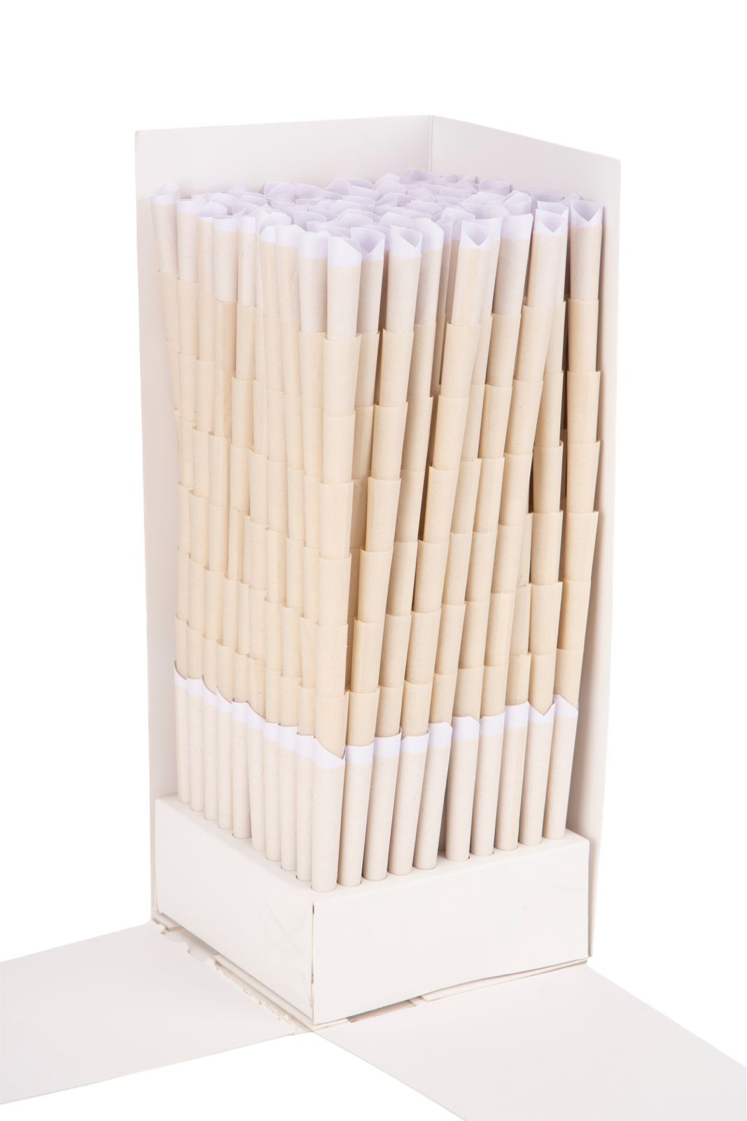 84 mm Unrefined Organic Hemp Pre-Rolled Cones with 26 mm Plain White Filter Tip, cones in an open display box