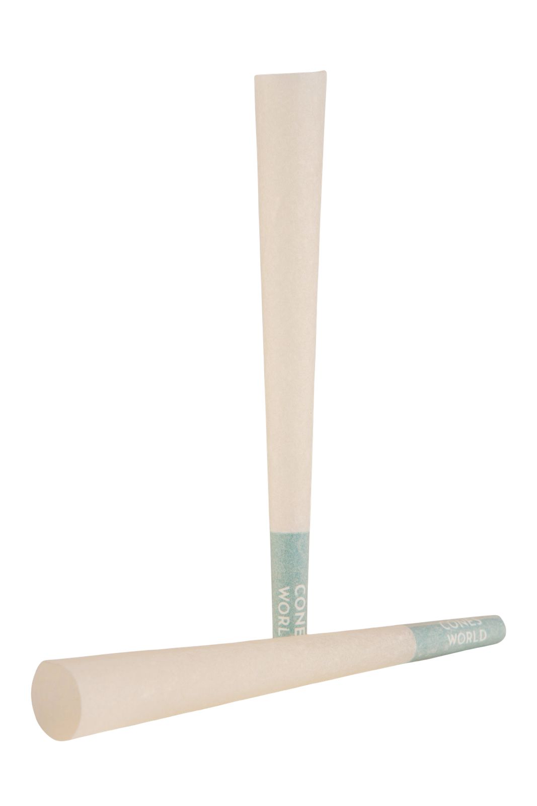84 mm Unrefined Organic Hemp Pre-Rolled Cones with 26 mm Plain White Filter Tip, upright and lying