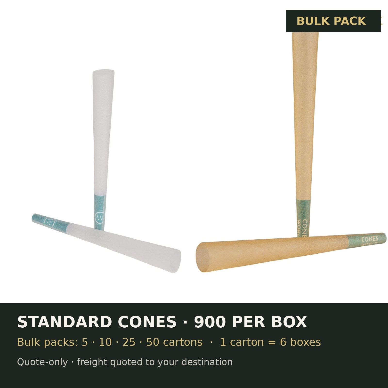 Cones World bulk pack: Standard Pre-Rolled Cones 900 per Box, shipped in master cartons of 6 boxes