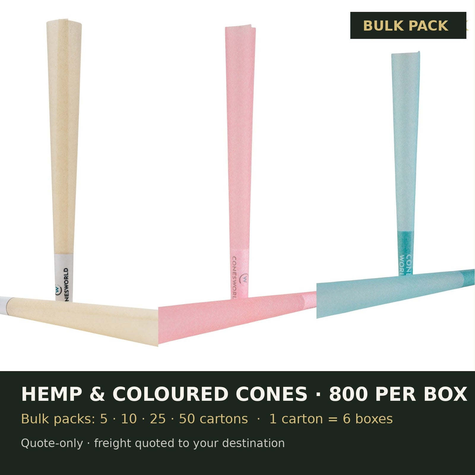 Cones World bulk pack: Hemp & Coloured Pre-Rolled Cones 800 per Box, shipped in master cartons of 6 boxes