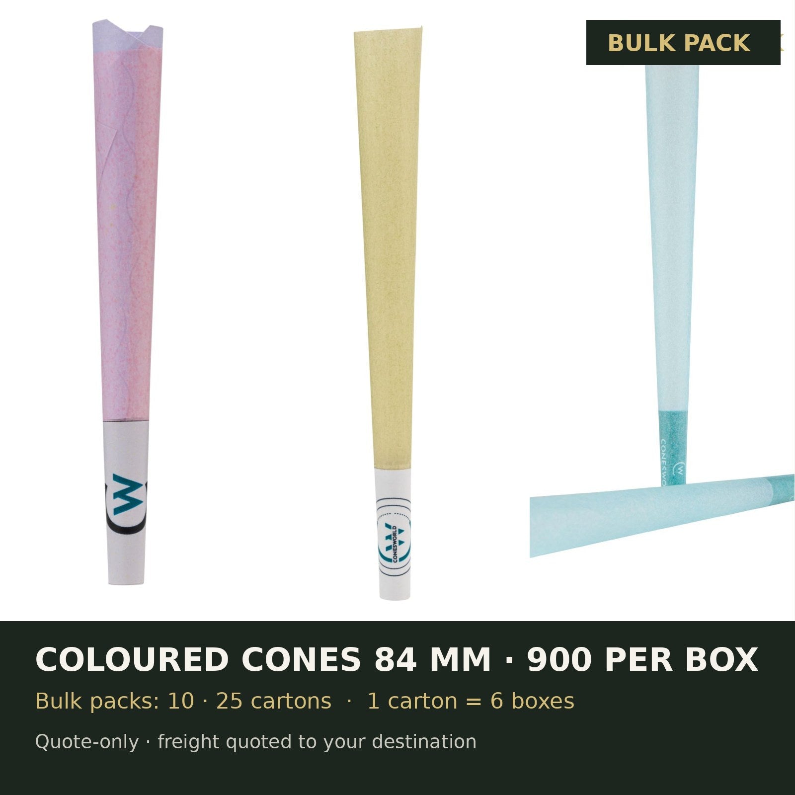 Cones World bulk pack: Coloured Pre-Rolled Cones 84 mm, 900 per Box, shipped in master cartons of 6 boxes