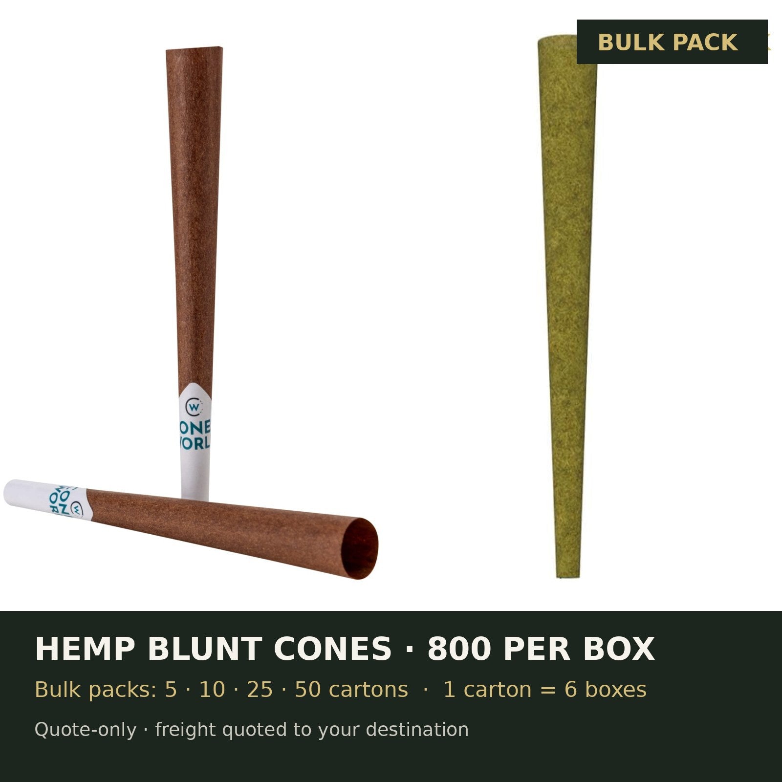 Cones World bulk pack: Hemp Blunt Pre-Rolled Cones 800 per Box, shipped in master cartons of 6 boxes