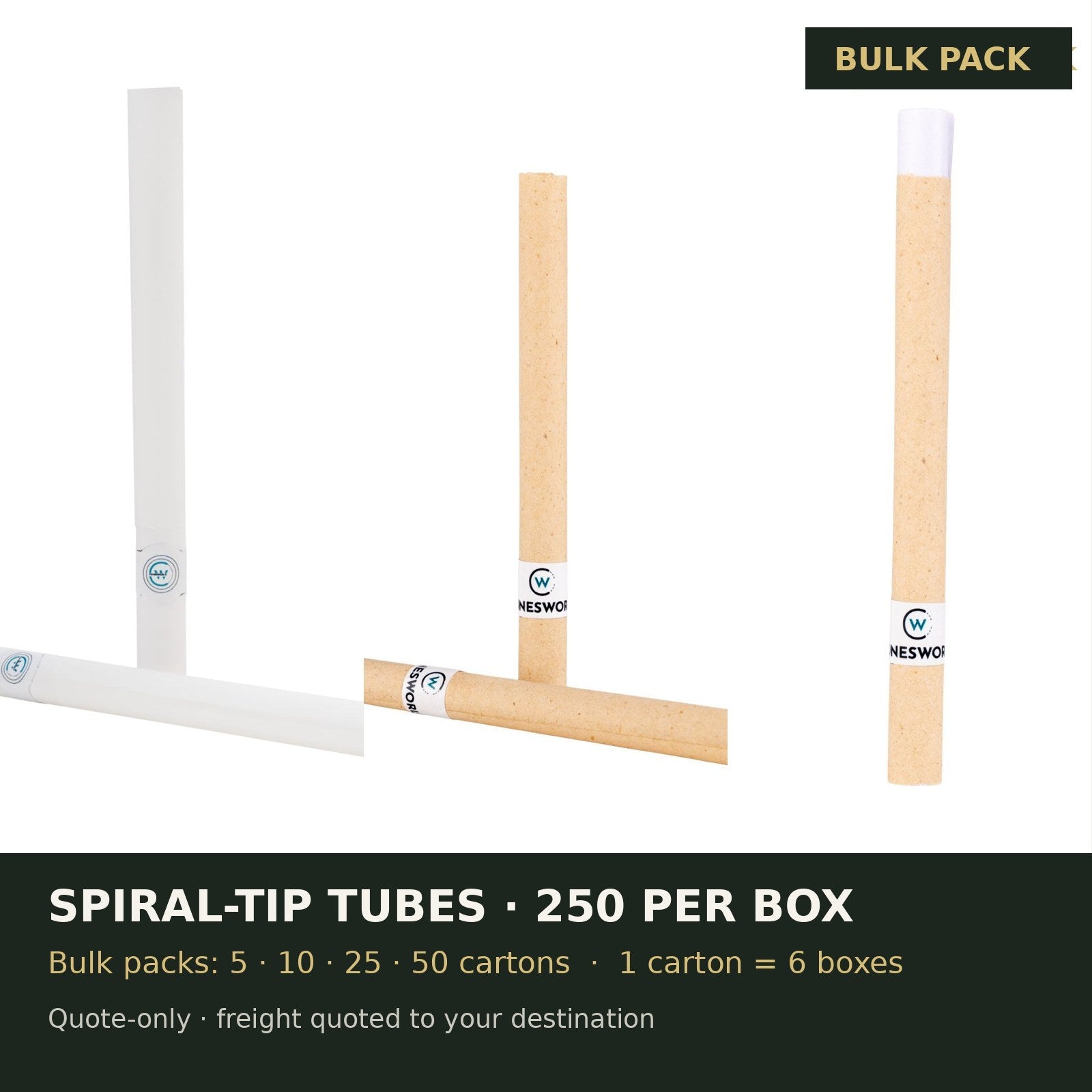 Cones World bulk pack: Artisanal Pre-Rolled Tubes with Spiral Tip, 250 per Box, shipped in master cartons of 6 boxes